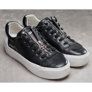 Ash Buzz Black Leather White Zip Close Platform Sneakers Womens Size 8.5